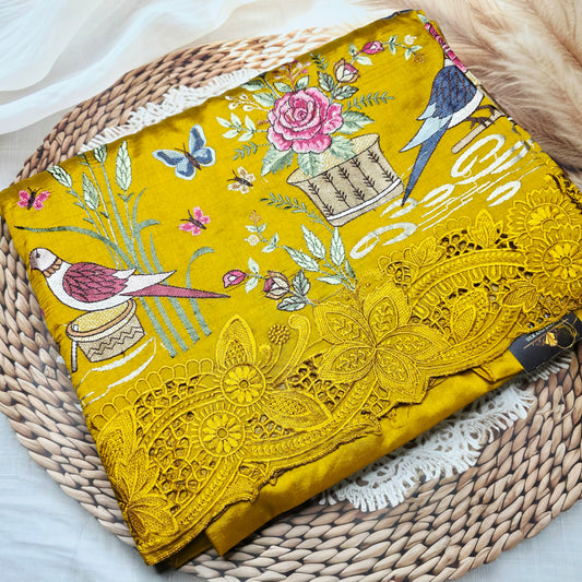 Pure Raw Silk - Machine embroidery with scallop cut work - Amber