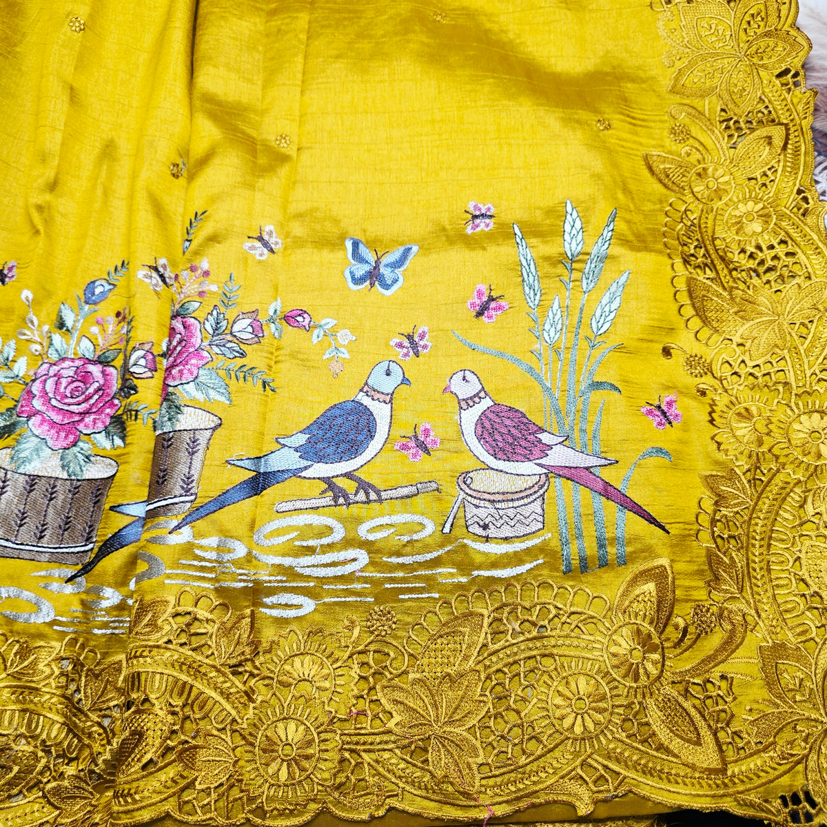 Pure Raw Silk - Machine embroidery with scallop cut work - Amber
