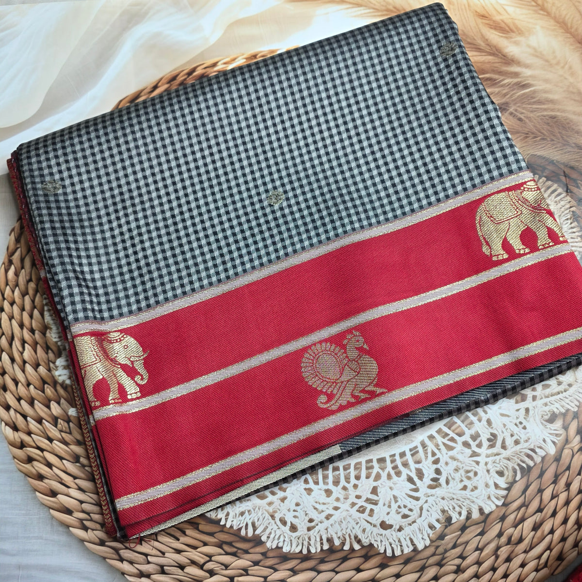 Soft Kanchi Silk - Red and Black checkered saree