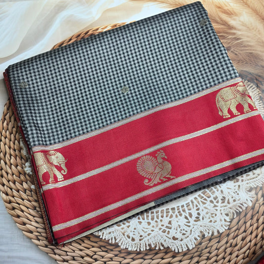 Soft Kanchi Silk - Red and Black checkered saree