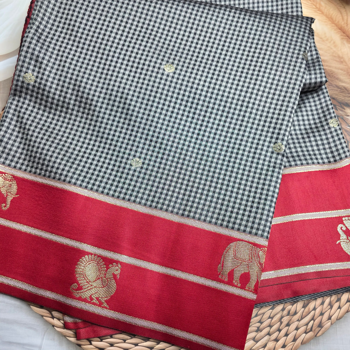 Soft Kanchi Silk - Red and Black checkered saree