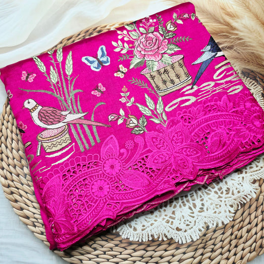 Pure Raw Silk - Machine embroidery with scallop cut work - Fuscia Pink
