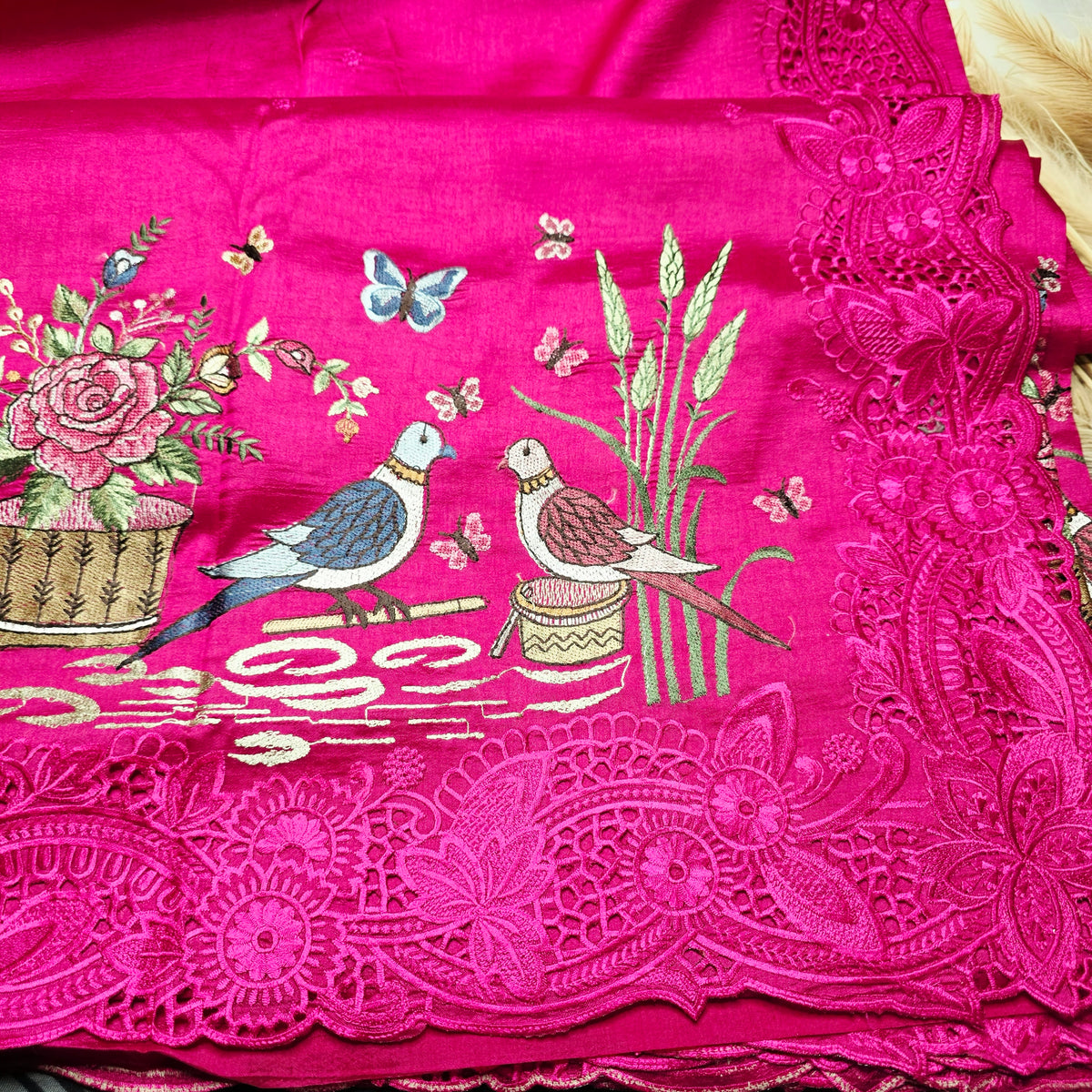 Pure Raw Silk - Machine embroidery with scallop cut work - Fuscia Pink