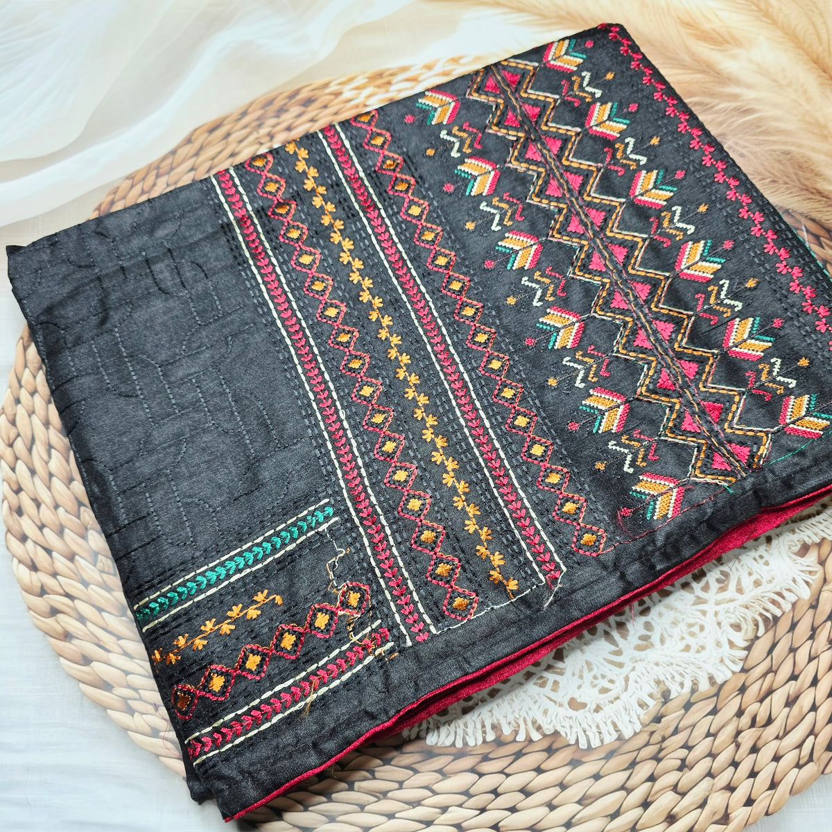 Pure Raw Silk - Katha work - Black