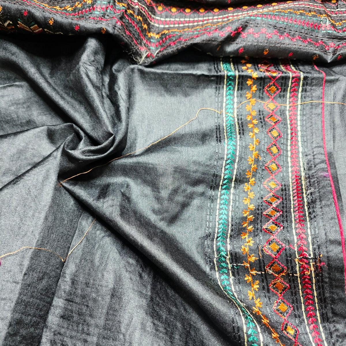Pure Raw Silk - Katha work - Black