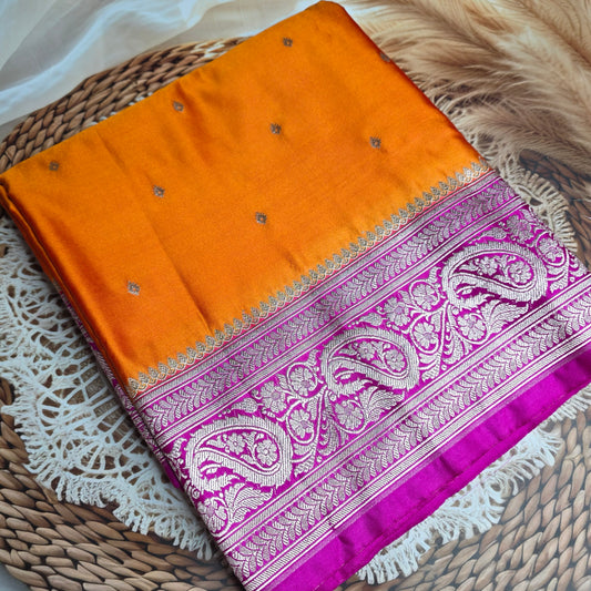 Pure Banarasi Silk with Silver Zari Weaving - Orange and Fuscia Pink
