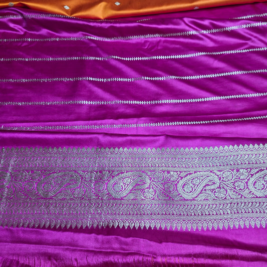 Pure Banarasi Silk with Silver Zari Weaving - Orange and Fuscia Pink
