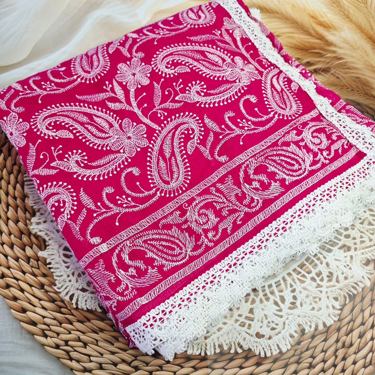 Pure Mul Cotton Chikankari sareen- Dark Pink