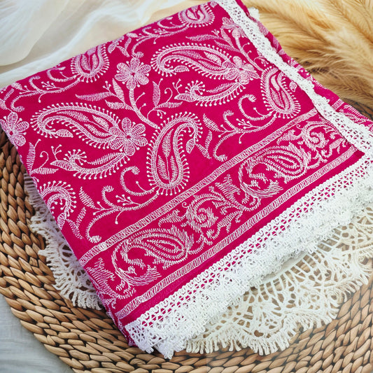 Pure Mul Cotton Chikankari sareen- Dark Pink