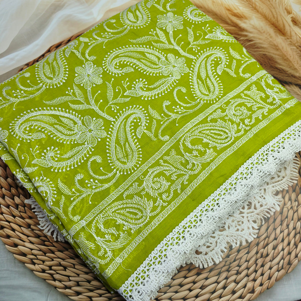 Pure Mul Cotton Chikankari - Olive Green