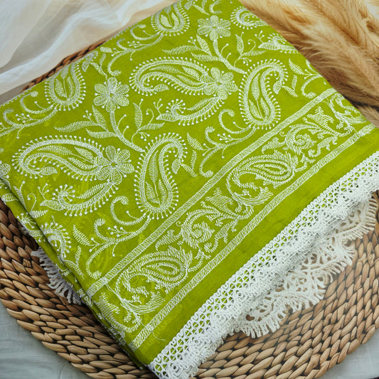 Pure Mul Cotton Chikankari - Olive Green