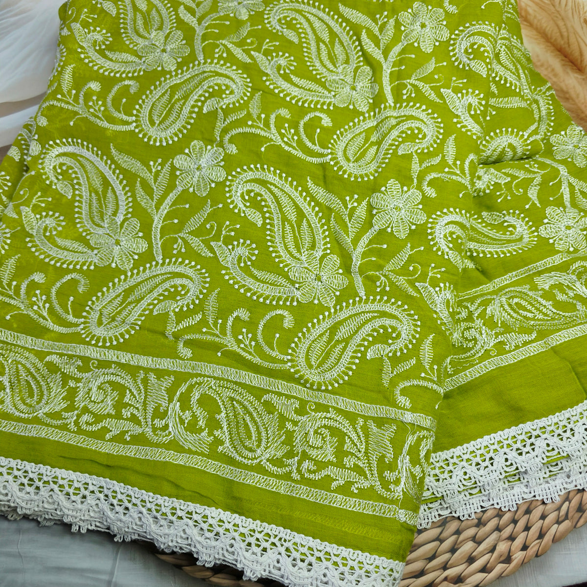 Pure Mul Cotton Chikankari - Olive Green
