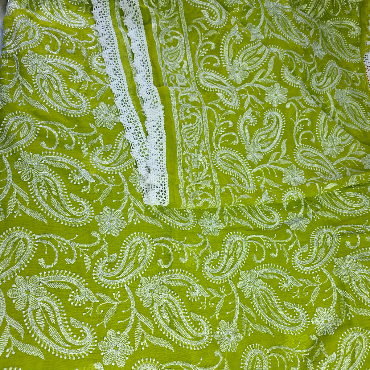 Pure Mul Cotton Chikankari - Olive Green