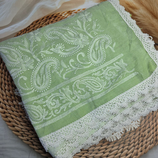 Pure Mul Cotton Chikankari sareen- Pastel Green