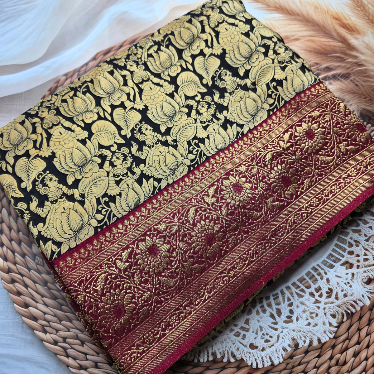 Premium Dola Crepe with Kanchi Boarder - Kalamkari Print