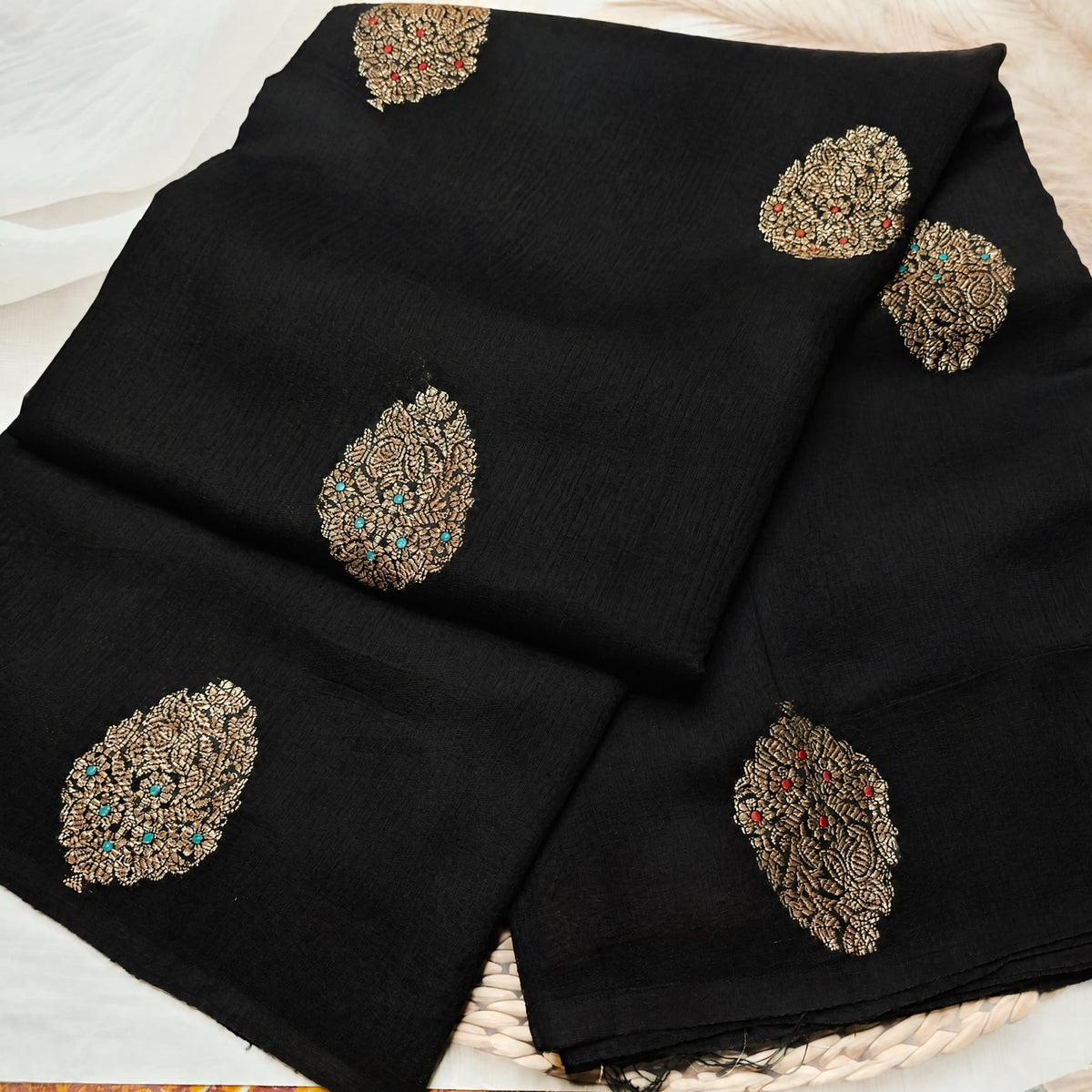 Pure Handloom Matka Silk - Black with blue contrast