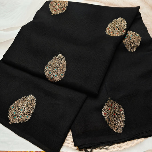 Pure Handloom Matka Silk - Black with blue contrast