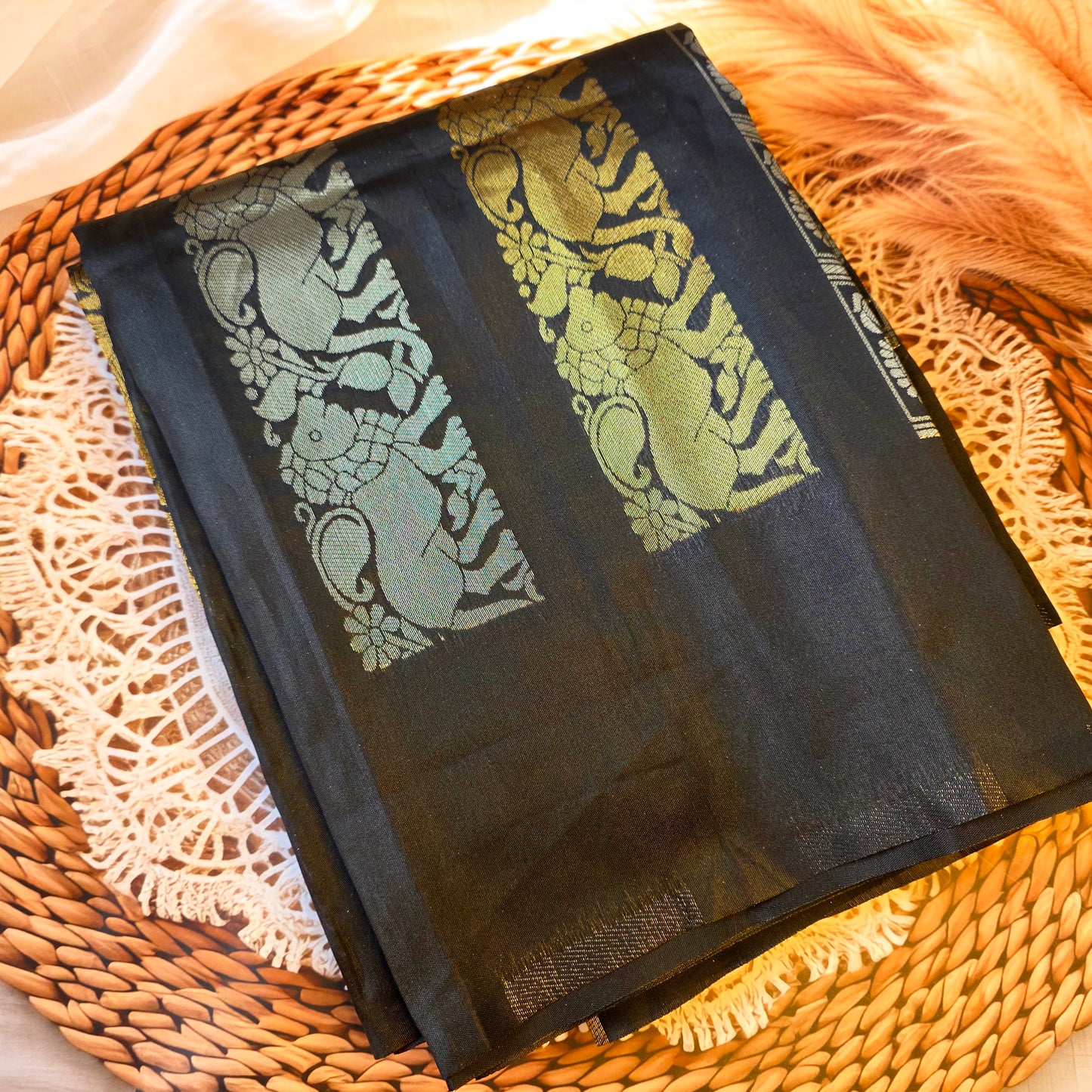 Black with silver and gold Zari pattern